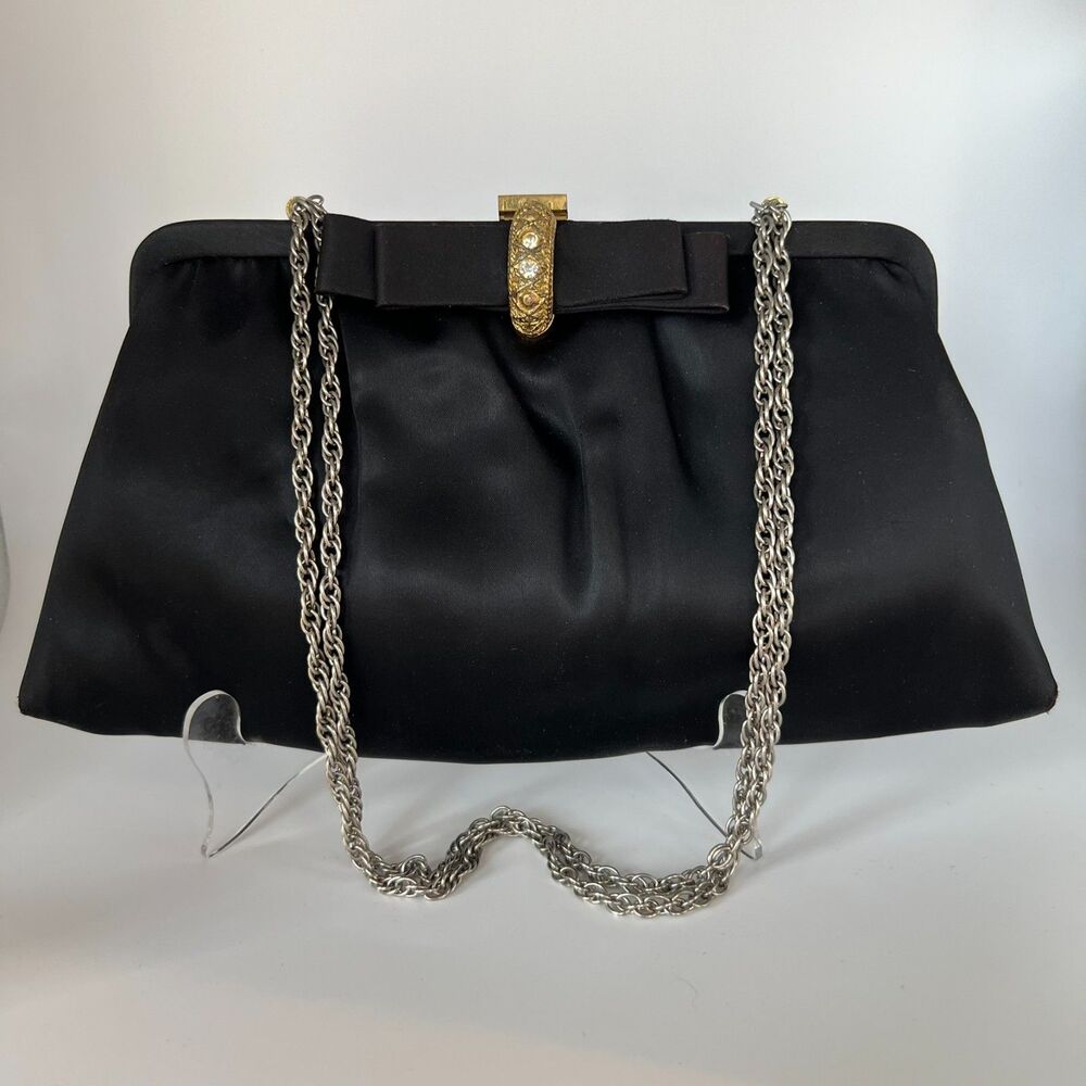 VTG Ande Black Satin Evening Bag Janette Nutley NJ Chain Clutch Purse